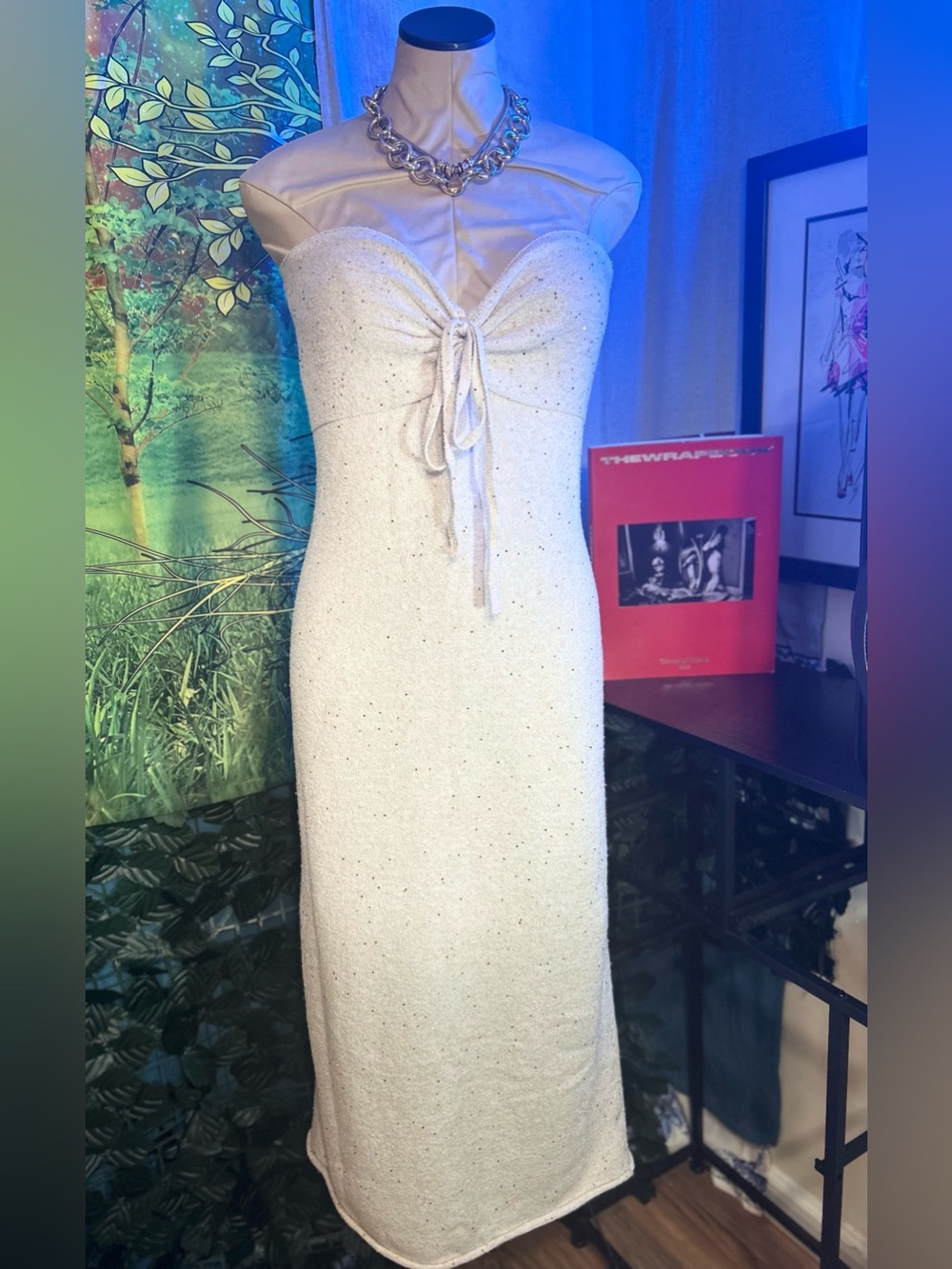Wild fable Cream Knit Strapless Tie-Front Sequin Midi Dress | Size:XL